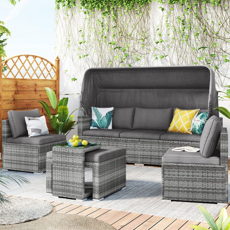 5 PCS Outdoor Sectional Rattan Daybed Sofa Set, Patio PE Wicker Conversation Furniture Set with Canopy and Tempered Glass Side Table, Gray-ModernLuxe, 1 of 13