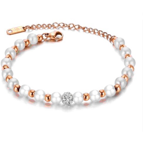 Hollywood Sensation Rose Gold Beaded Bracelet with Simulated Pearls 9 Inches Gold - image 1 of 3