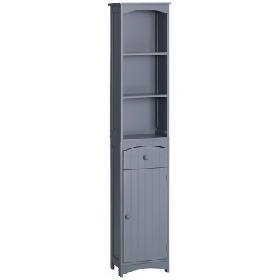 kleankin Tall Bathroom Storage Cabinet, Free Standing Bathroom Cabinet Slim Side Organizer w/ 3-Tier Open Shelf, Bamboo Door, White