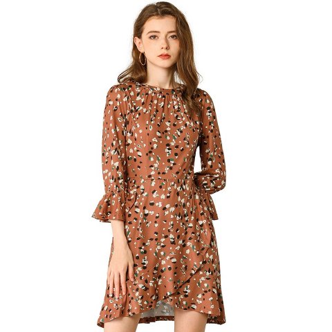 Женские платья INSPIRE CHIC Women's Round Neck 3/4 Bell Sleeves Ruffle Hem Leopard Dress Medium Brown