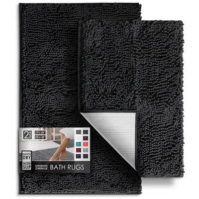 Hearth & Harbor Bathroom Rugs, 2 Piece Chenille Bath Mat Set - Black ...