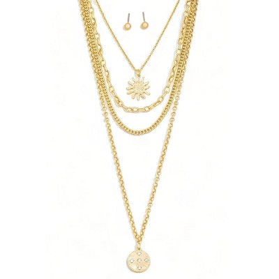 Slickblue Women's 3-Layer Necklace Set, Sun Pendant With Rhinestones & Ball Earrings, Boho Style, Gold, 16"+2"