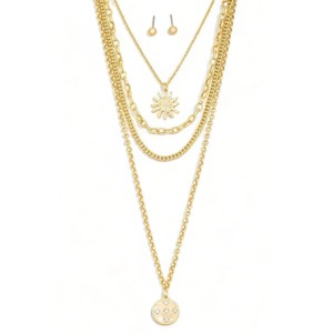 Slickblue Women's 3-Layer Necklace Set, Sun Pendant With Rhinestones & Ball Earrings, Boho Style, Gold, 16"+2" - 1 of 4