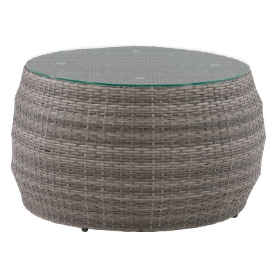 Parksville Round Patio Coffee Table - Gray - CorLiving: All-Weather Wicker, Tempered Glass Top, UV & Weather-Resistant