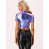 INSPIRE CHIC Women's Party Short Sleeve Mock Neck Holographic Metallic Crop Top - 3 of 4