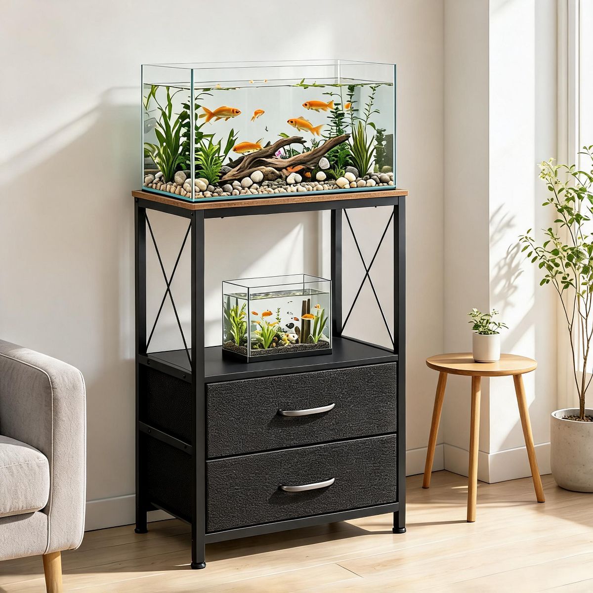 Aquarium Stand 5-10 Gallon with 2-Tier Shelf, Fish Tanks Stand with 2 Drawers, Metal Frame Heavy Duty Reptile/Turtle Tank Stand for Home Office
