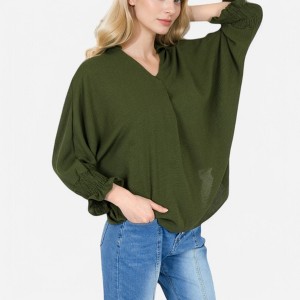 Anna-Kaci Women's V-Neck Blouse with 3/4 Lantern Sleeves and Ruffle Cuffs - 1 of 4