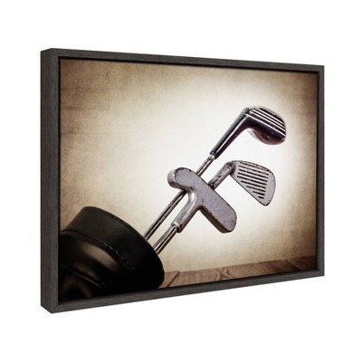 Vintage Golf Clubs Framed Canvas Print in Gray Woodgrain