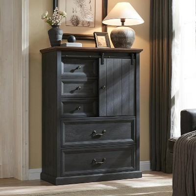 47″ Farmhouse 5 Drawer Dresser with Sliding Barn Doors & Adjustable Shelves, Rustic Wood Dressers Organizer for Bedroom, Kitchen, Hallway