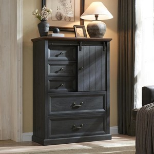 47″ Farmhouse 5 Drawer Dresser with Sliding Barn Doors & Adjustable Shelves, Rustic Wood Dressers Organizer for Bedroom, Kitchen, Hallway - 1 of 4