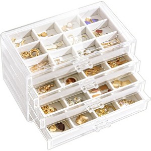 4-Drawer Acrylic Earring Organizer with Adjustable Velvet Trays, Stackable Clear Storage Case for Dresser, Warm White - 1 of 4