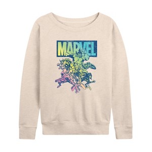 Women's - Marvel - Avengers Group Rainbow Lightweight French Terry Wide Neck Long Sleeve Shirt - 1 of 4