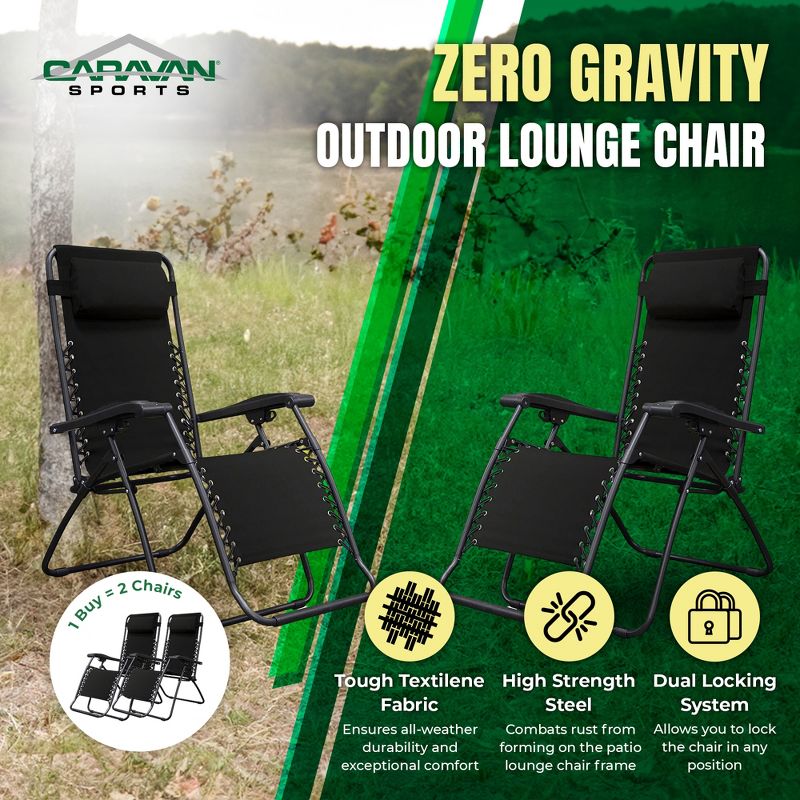 Caravan Sports Zero Gravity Outdoor Portable Folding Camping Lawn Deck Patio Lounge Chair with Adjustable Headrest, Black (Pair), 2 of 7