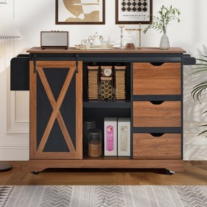 Bella Depot 55.5" Farmhouse Kitchen Island with Drop Leaf, Rolling Kitchen Cart on Wheels with Barn Door, Power Outlet, Spice Rack - 1 of 4
