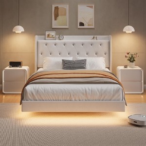 Floating Bed Frame Full Size with Storage Headboard, Velvet Upholstered Platform Bed with RGB LED Light, Wood Slats, Noise Free, Easy Assembly - 1 of 4