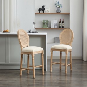 Gulches Set of 2 Classic French Country Solid Wood Bar Stools with Upholstered Seating, Beige Rattan Kitchen Bar Stools - 1 of 4