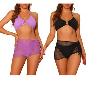 Elerevyo Women's Halter Ring Textured Solid Color Cover Up Mesh Skirt Bikini Bathing Suits 2 Sets - 1 of 4