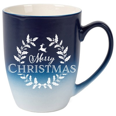 Elanze Designs Merry Christmas Two Toned Ombre Matte Navy Blue and White 12 ounce Ceramic Stoneware Coffee Cup Mug