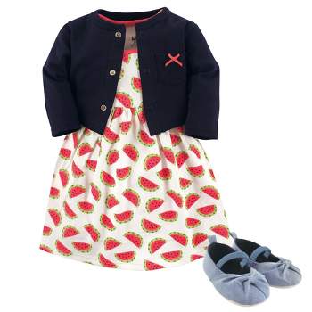 Hudson Baby Infant Girl Cotton Dress, Cardigan and Shoe 3pc Set, Watermelon