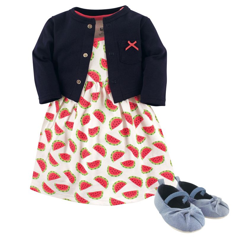 Hudson Baby Infant Girl Cotton Dress, Cardigan and Shoe 3pc Set, Watermelon, 1 of 4