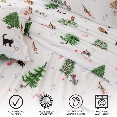 Twin White Polyester Winter Cats Deep Pocket Sheet Set