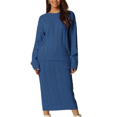 Seta T Womens' Winter Casual Crewneck Sweater Midi Skirts with Pockets Lounge Set Two Pieces