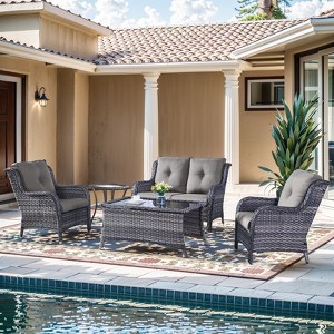 Gymojoy 5 Piece Outdoor Wicker Loveseat Sofa with Patio Chairs with Coffee Table and Side Table - 1 of 4