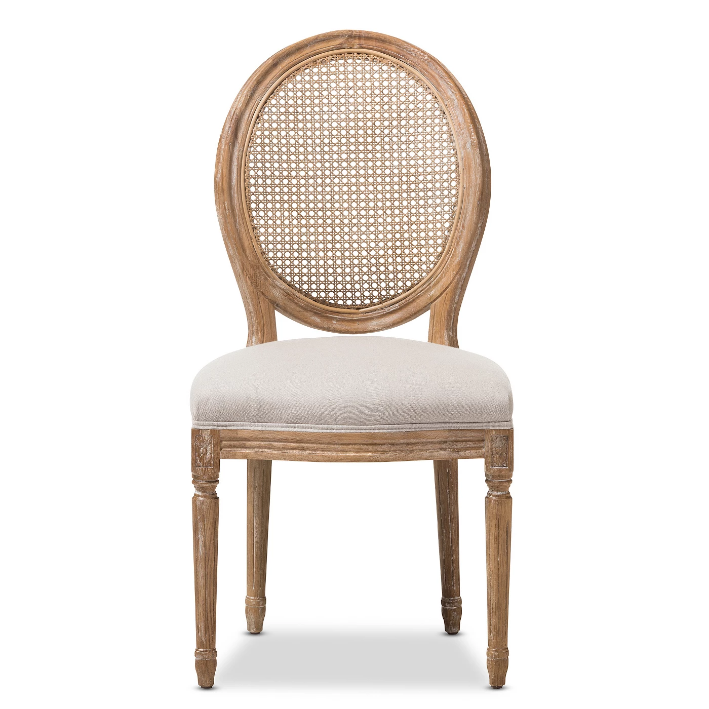 Adelia French Vintage Cottage Weathered Oak Wood Finish and Fabric Upholstered Dining Side Chair with Round Cane Back - Beige - Baxton Studio.