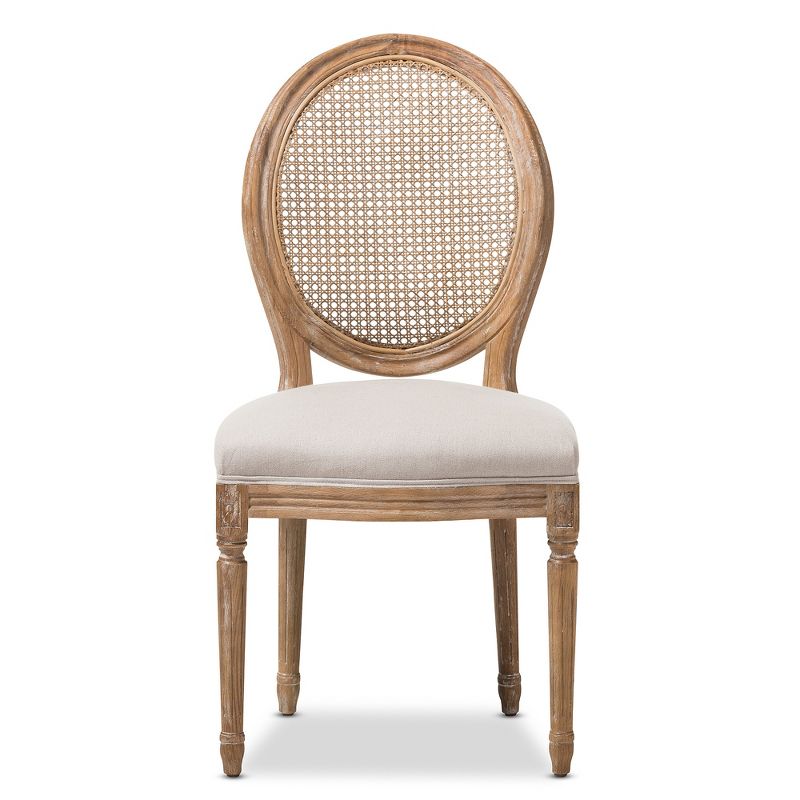 Adelia French Vintage Cottage Weathered Oak Wood Finish and Fabric Upholstered Dining Side Chair with Round Cane Back - Beige - Baxton Studio, 3 of 7