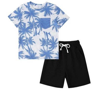 Little Kid Shorts Sets Kids Summer Beach Outfit  Pulm Leaves Pattren Short Sleeve Shirt Top with Shorts Suits