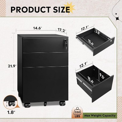 Black Metal 3-Drawer Lockable Mobile File Cabinet