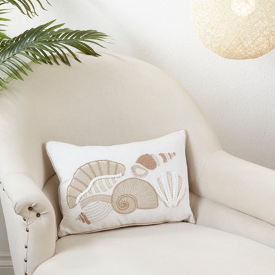 Off-White Seashell Embroidered Cotton Throw Pillow, 12"x18"