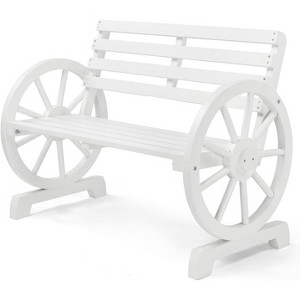 VINGLI Outdoor Wood Bench, 2-Person Rustic Wooden Wagon Wheel Bench, All-Weather White Garden Bench for Patio Yard Porch - 1 of 4
