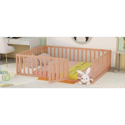 NicBex Queen Size Wood Montessori Bed with Safety Fence,Floor Bed Frame with Door,Modern Toddler Bed for Bedroom,Natural