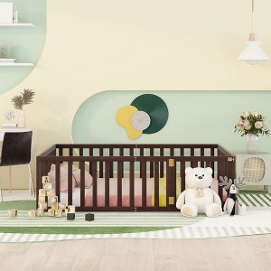 CAVINAS Twin/Full/Queen Size Kids Montessori Bed with Door,Versatile Floor Bed with Fence  for Bedroom Playroom,Walnut/White/Gray/Brown - 1 of 4