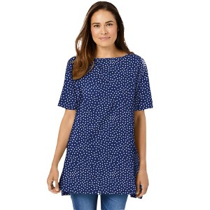 Woman Within Women's Plus Size Perfect Printed Short-Sleeve Boatneck Tunic - 1 of 4