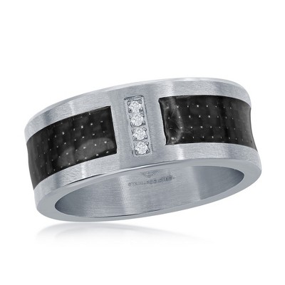 Metallo Stainless Steel Black Carbon Fiber CZ Ring - Available Sizes:  13 ,  12 ,  11 ,  10