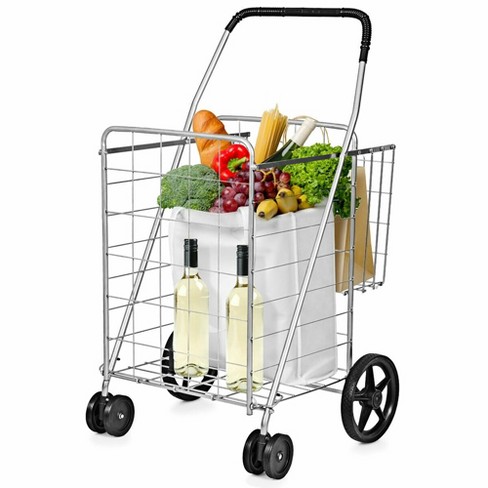 Dbest Products Cruiser Cart Deluxe 2 Shopping Grocery Rolling Folding Laundry Basket on Wheels , Silver