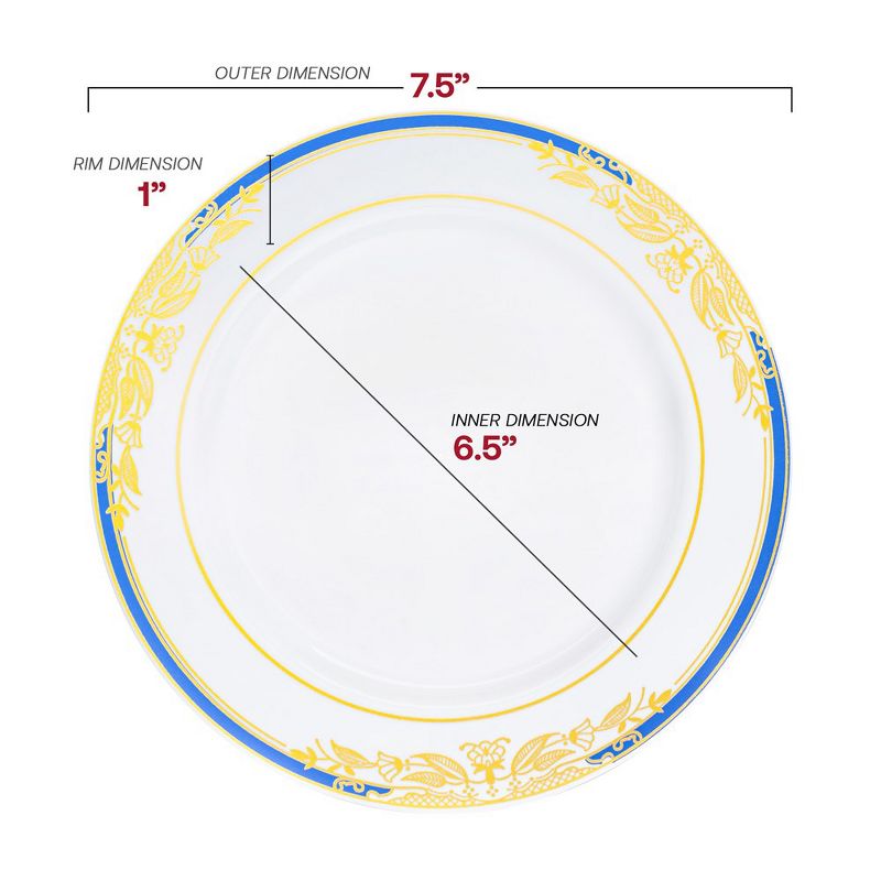 Smarty Had A Party White with Blue and Gold Harmony Rim Plastic Dinnerware Value Set (120 Dinner Plates + 120 Salad Plates), 3 of 8