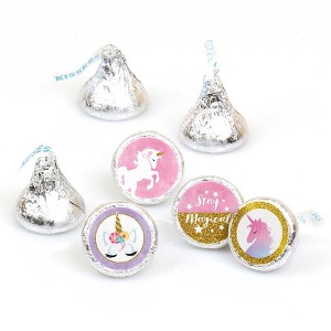 Big Dot of Happiness Rainbow Unicorn - Baby Shower or Birthday Party Round Candy Sticker Favors - Labels Fits Chocolate Candy (1 sheet of 108) - 1 of 4