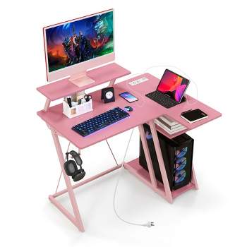Costway L Shaped Gaming Desk with Outlets & USB Ports Monitor Shelf Headphone Hook Black/White/Pink