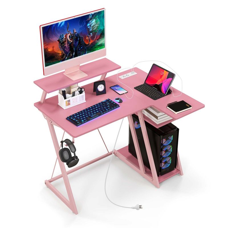 Costway L Shaped Gaming Desk with Outlets & USB Ports Monitor Shelf Headphone Hook Black/White/Pink, 1 of 11