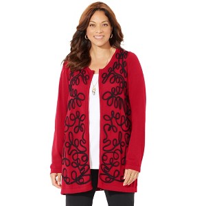 Catherines Women's Plus Size Zip-Front Embroidered Cardigan - 1 of 4