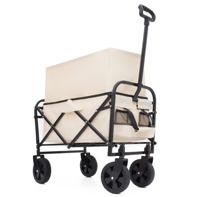 VisioGear Extention Collapsible Foldable Wagon Cart, Grocery Cart for for Camping Shopping Sports Gardeing Fishing, Cream 25.98"*17.32"*37.4"