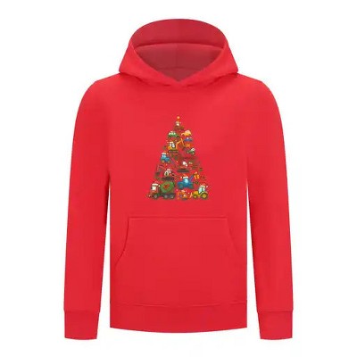 Everyday Kids Christmas Collection Construction Truck Tree Boys Pullover Hoodie – Holiday Sweatshirt - Red