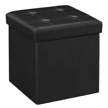 SONGMICS 15 Inches Folding Storage Ottoman, Cube Footrest, Coffee Table with Hole Handles, Faux Leather Black