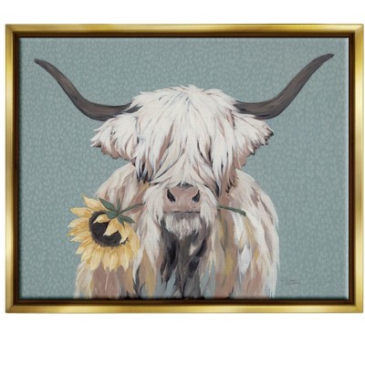 Stupell Industries Highland Cattle Biting Sunflower Bloom Framed Floater Canvas Wall Art