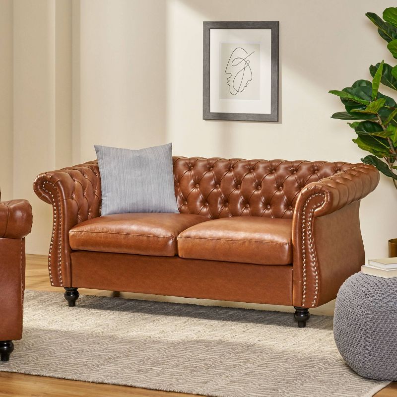 Silverdale Traditional Chesterfield Loveseat Cognac Brown/Dark Brown - Christopher Knight Home, 3 of 8