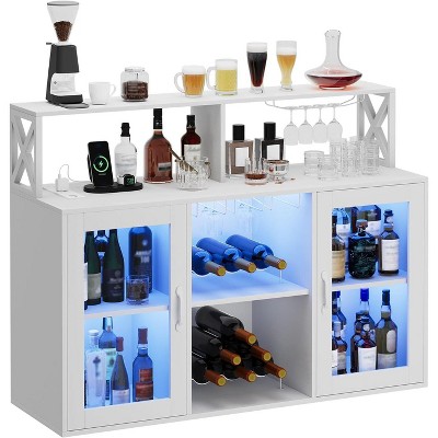 homfan Wine Bar Cabinet Freestanding Liquor Cabinet, Coffee Bar Buffet Sideboard Storage with Wine Rack Glass Holder