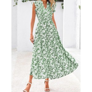 Women's Summer Floral Midi Dress Cap Sleeve V Neck Ruffle Long Flowy Boho Casual Beach Vacation Dresses - 1 of 4